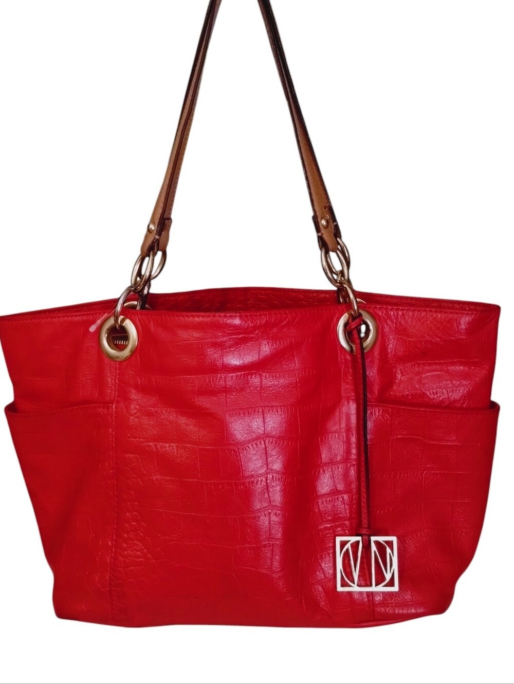 VN Genuine Leather Red Croc-Embossed East West PocketTote Bag with Tan Straps